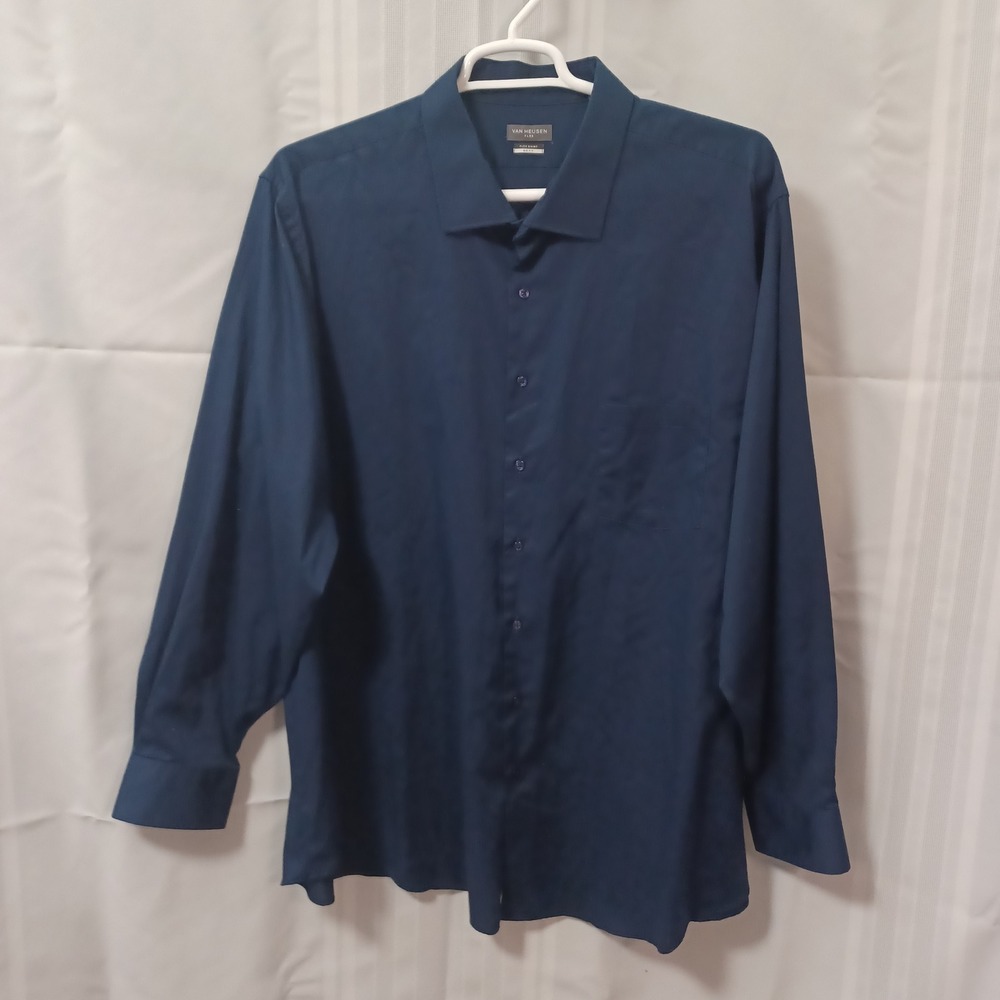 Van Heusen Flex Big Fit Dress Shirt Navy Blue Long Sleeve 20 36/37 Stretch Cottn